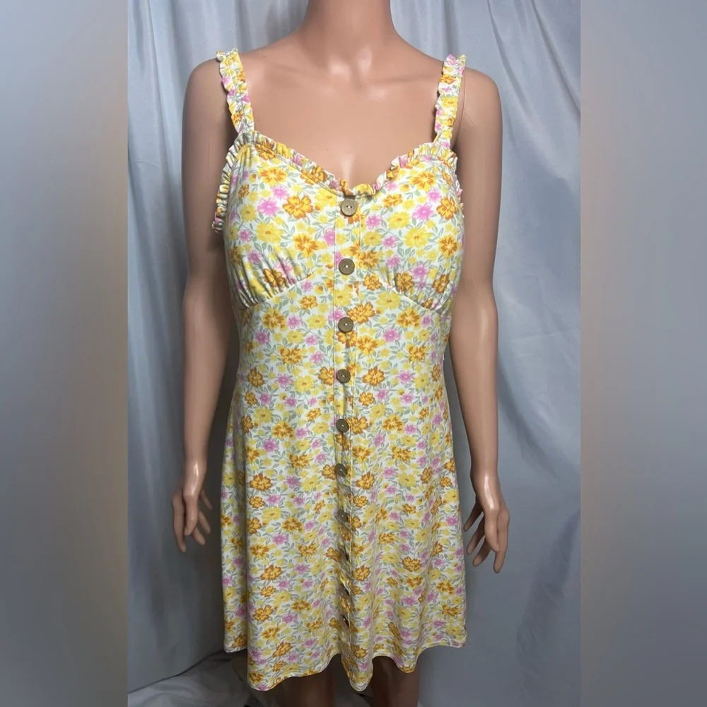 Derek Heart Floral Button Front Sundress Yellow Pink Adjustable Straps Size L
